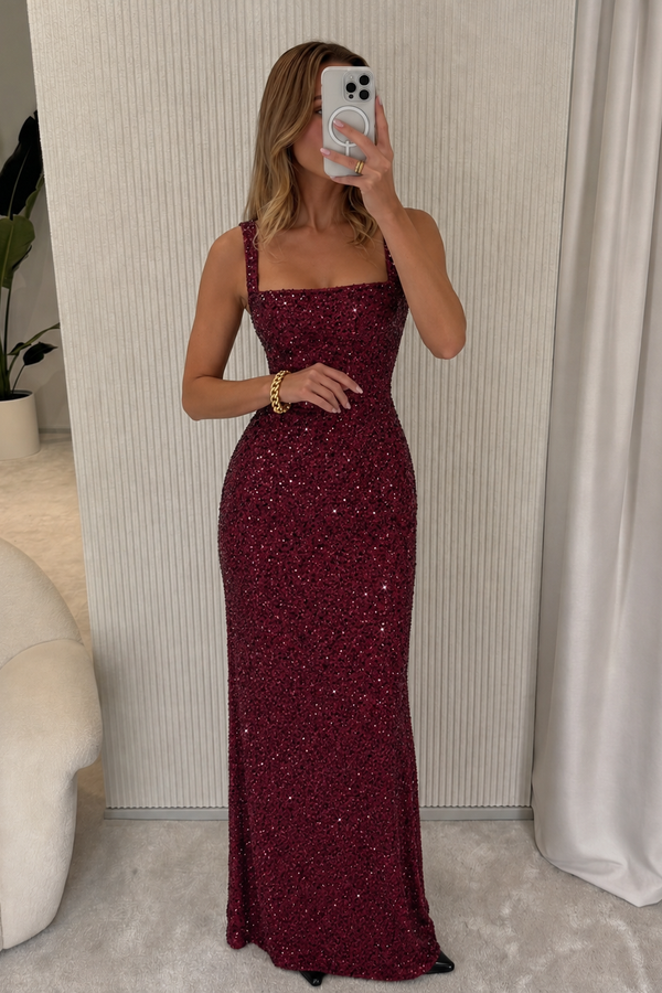 Madrid — Vestido Maxi Bordô Brilhante