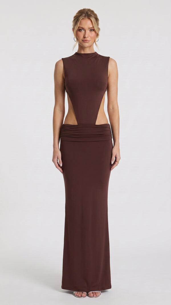 Fenella - Vestido Maxi Castanho Ameixa