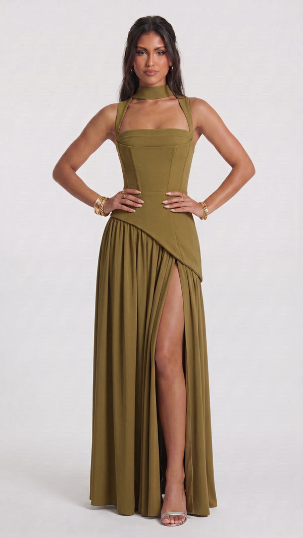 Estela - Vestido Maxi Verde Oliva