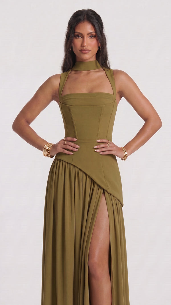Estela - Vestido Maxi Verde Oliva
