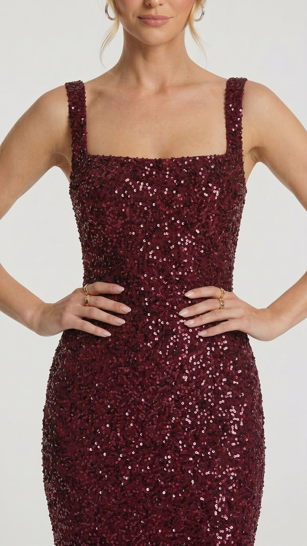 Madrid — Vestido Maxi Bordô Brilhante