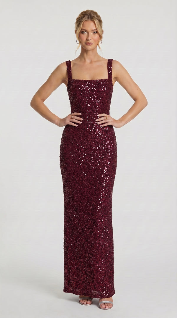 Madrid — Glitzerndes bordeauxrotes Maxikleid