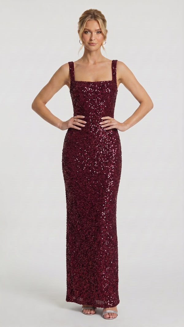 Madrid — Vestido Maxi Bordô Brilhante