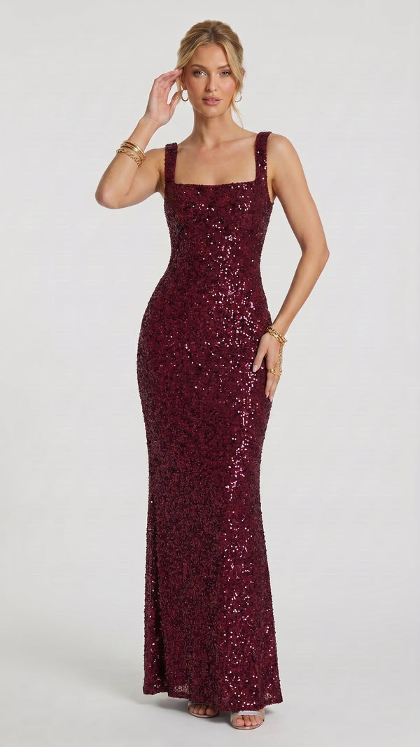 Madrid — Vestido Maxi Bordô Brilhante